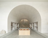 A wide view of Monos retail store with a large archway ceiling, built-in shelving along the walls, and a central display table. The shelves contain a hybrid carry-on luggage, metro bags, and decorative items, with a tiled wall feature in the background.