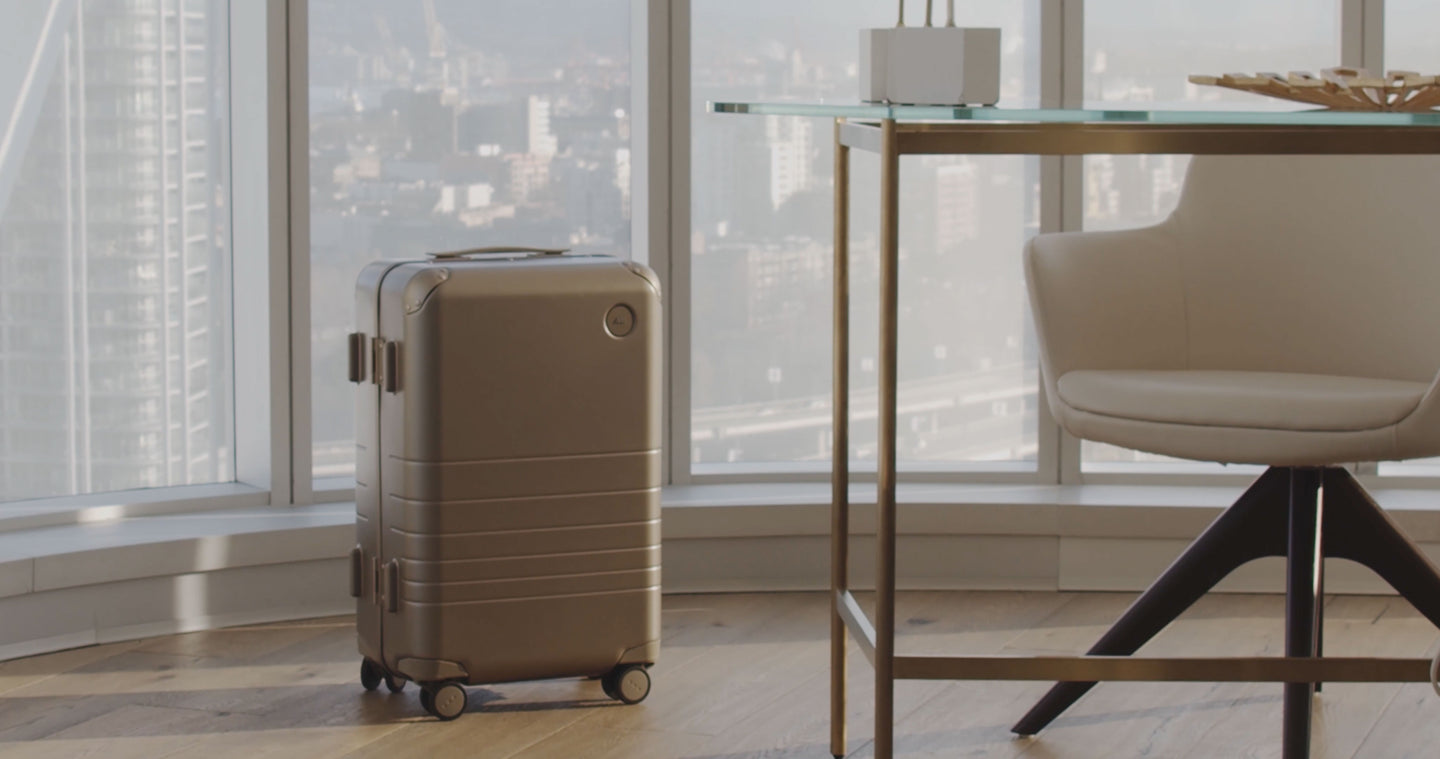 A Hybrid carry-On in Silver besides a window overlooking the city skyline 