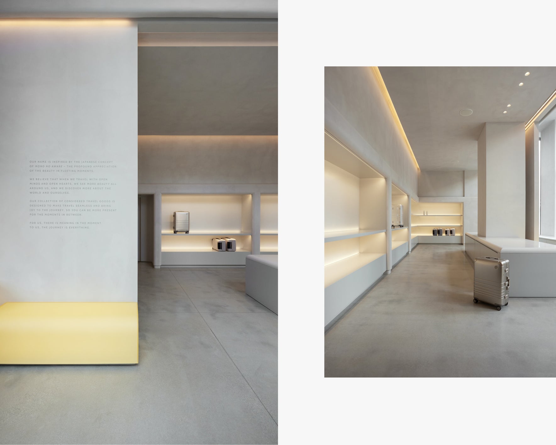 Modern interior design with neutral colors and minimal furniture.
