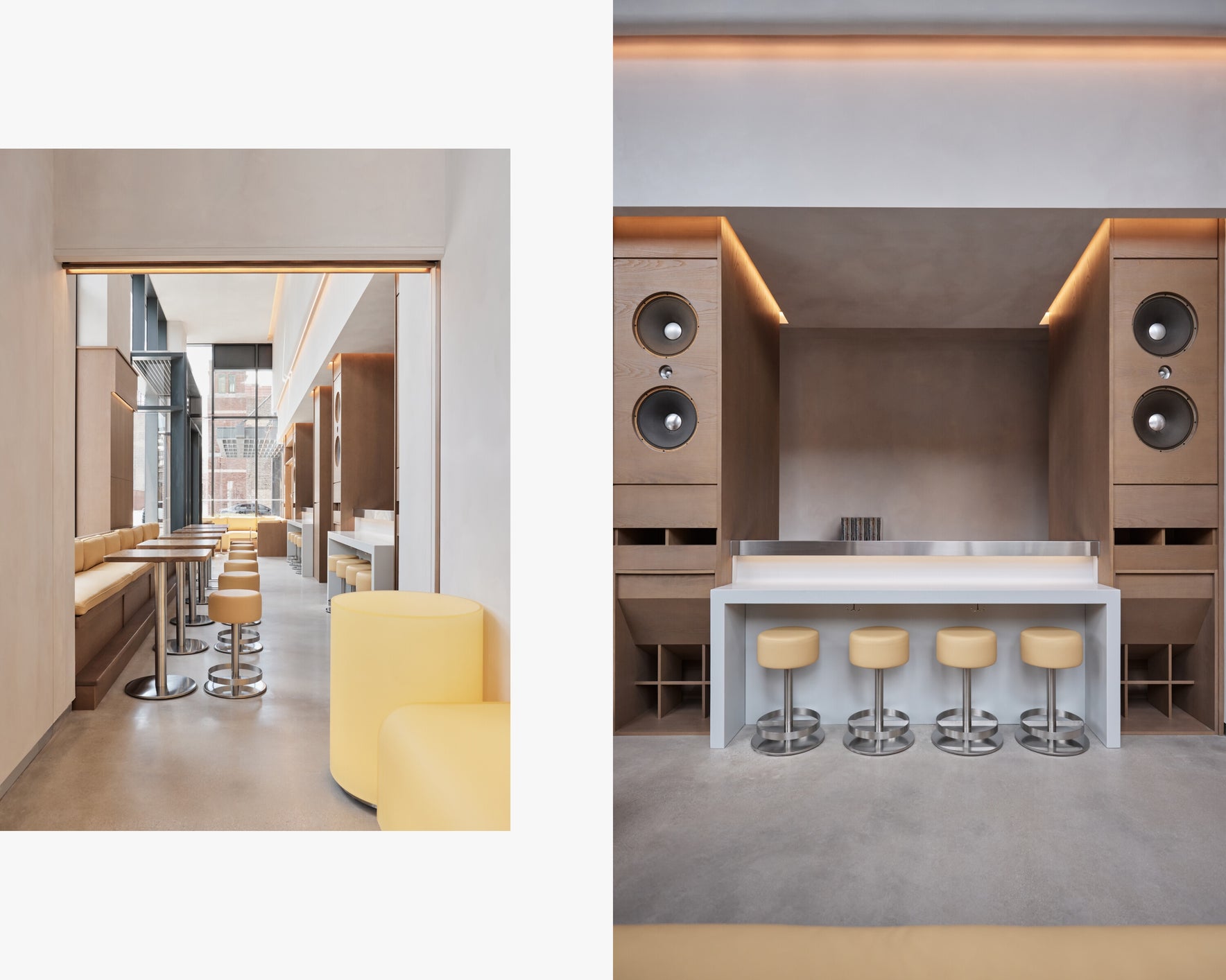 Modern interior design with yellow chairs and a kitchen setup.